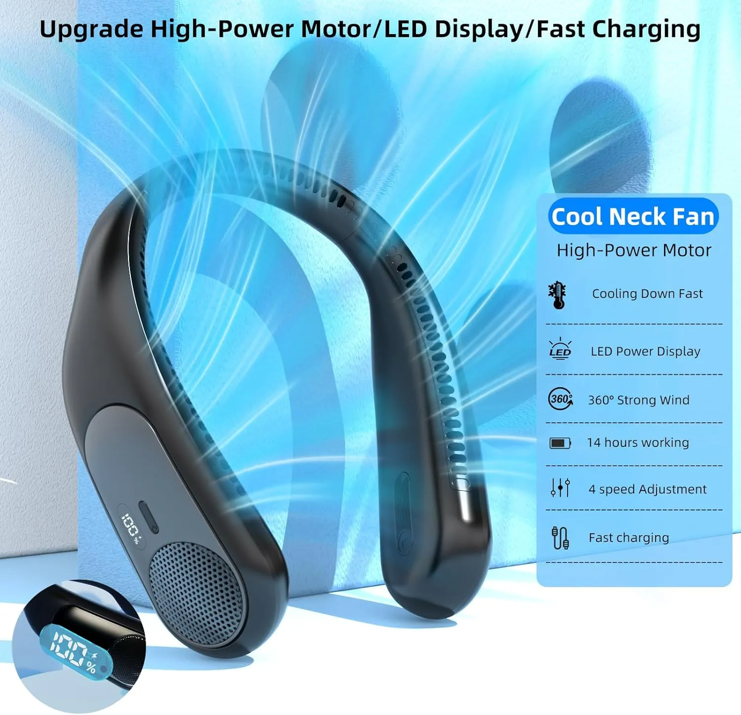 Portable Neck Fan,Personal Hands Free Bladeless Fan,360 Strong Cooling Fan,LED Display, 4-Speeds,6000mAh USB Rechargeable,Long Use Time,Wearable Fan,Gifts for Men Women Dad Mom (Black)