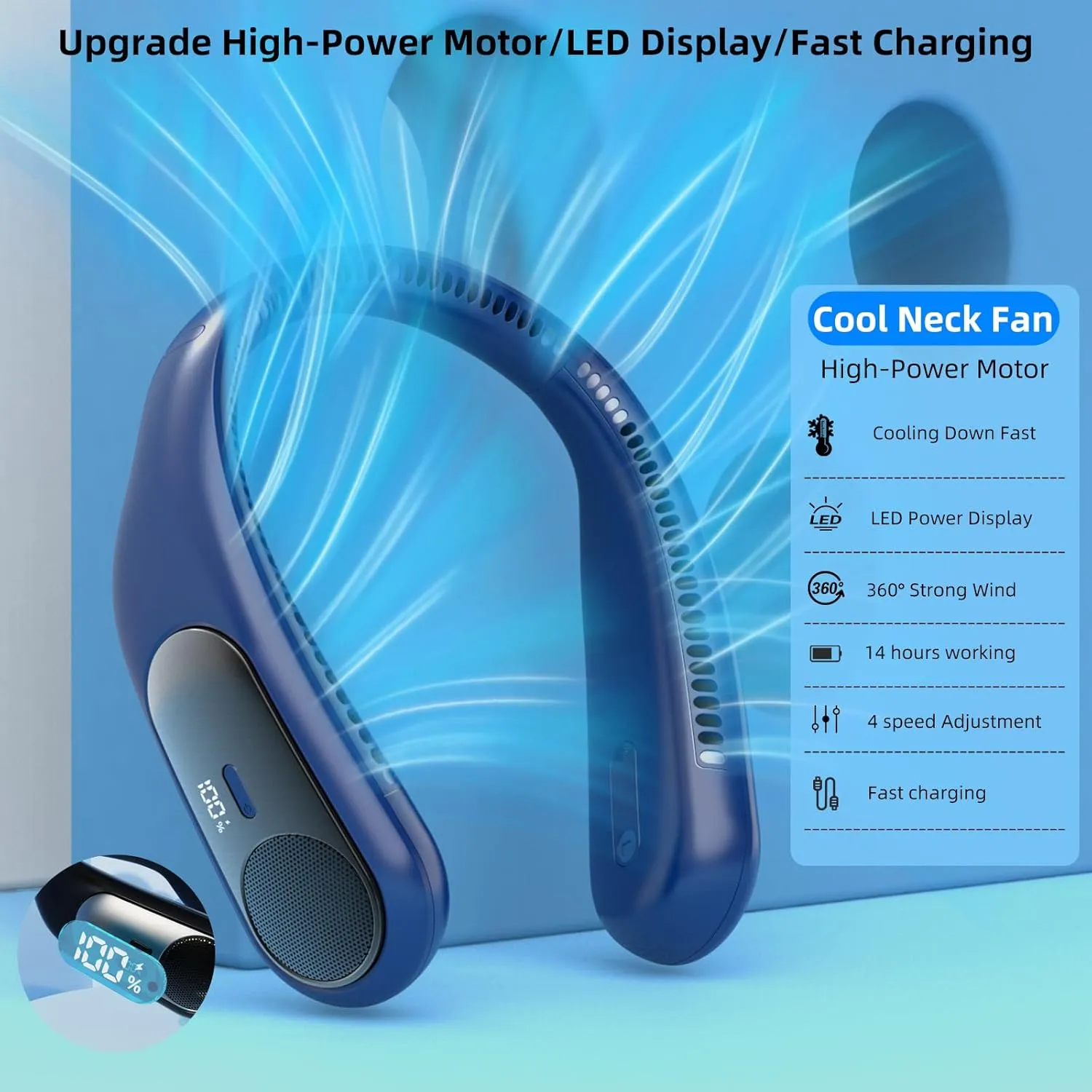 Portable Neck Fan,Personal Hands Free Bladeless Fan,360 Strong Cooling Fan,LED Display, 4-Speeds,6000mAh USB Rechargeable,Long Use Time,Wearable Fan,Gifts for Men Women Dad Mom (Blue)