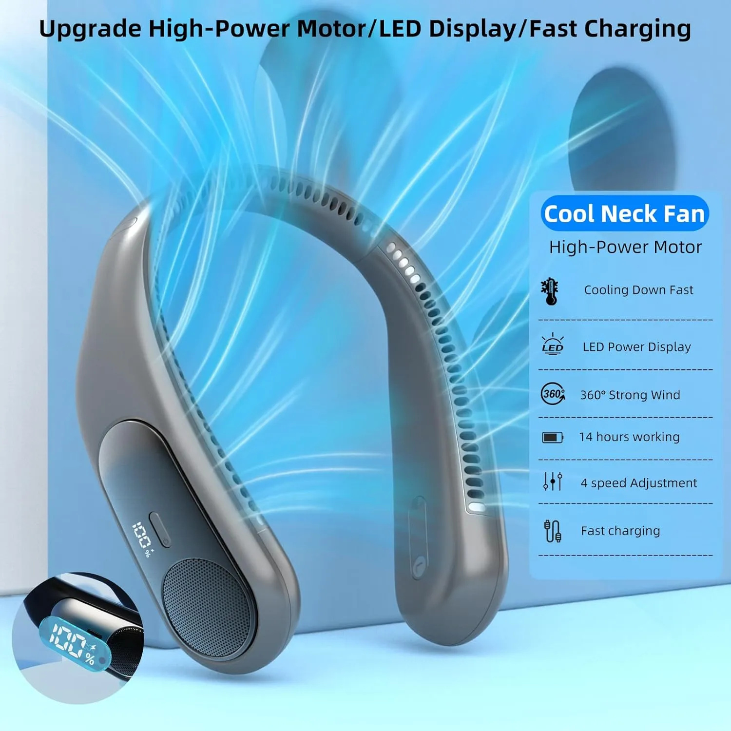 Portable Neck Fan,Personal Hands Free Bladeless Fan,360 Strong Cooling Fan,LED Display, 4-Speeds,6000mAh USB Rechargeable,Long Use Time,Wearable Fan,Gifts for Men Women Dad Mom (Dark grey)