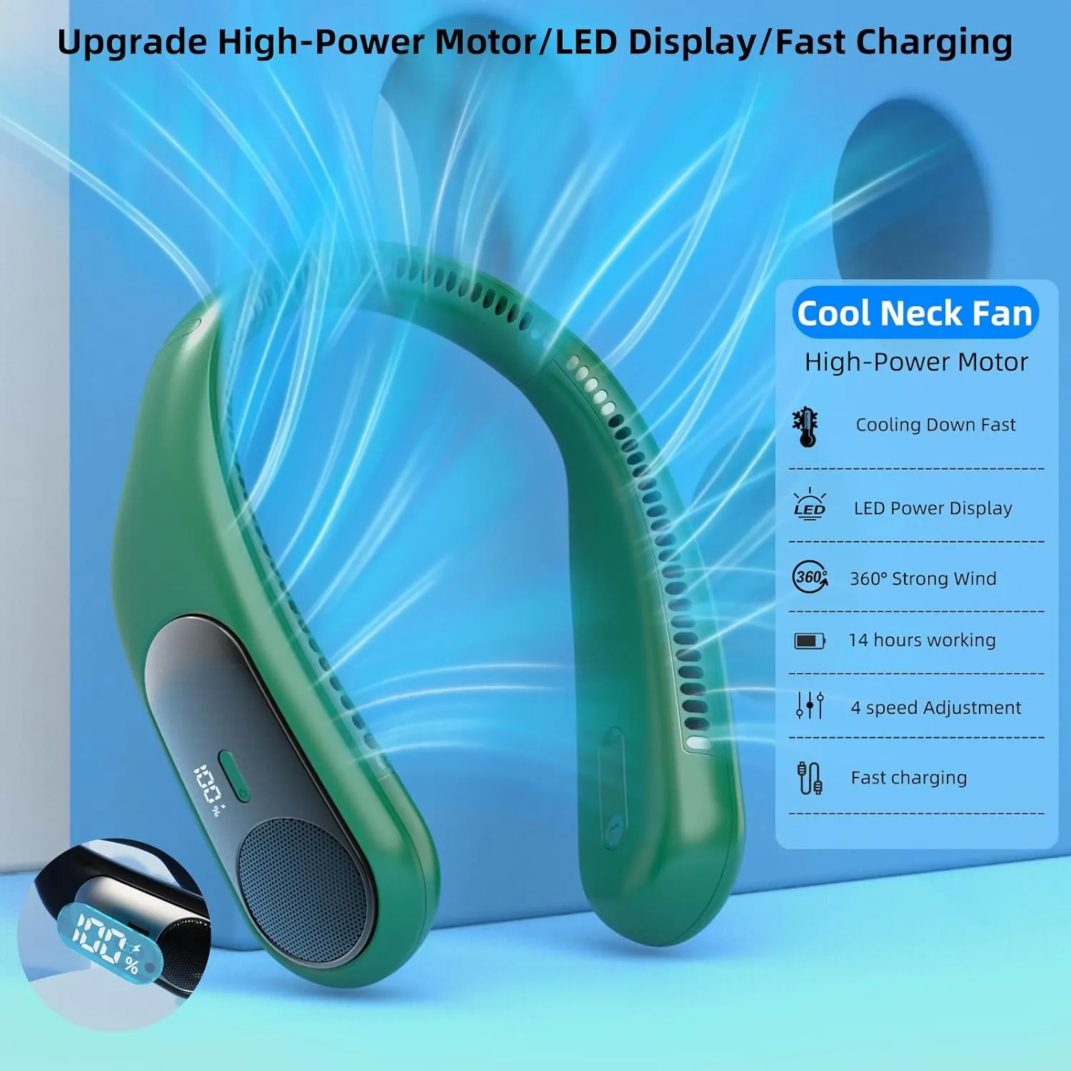 Portable Neck Fan,Personal Hands Free Bladeless Fan,360 Strong Cooling Fan,LED Display, 4-Speeds,6000mAh USB Rechargeable,Long Use Time,Wearable Fan,Gifts for Men Women Dad Mom(Dark green)