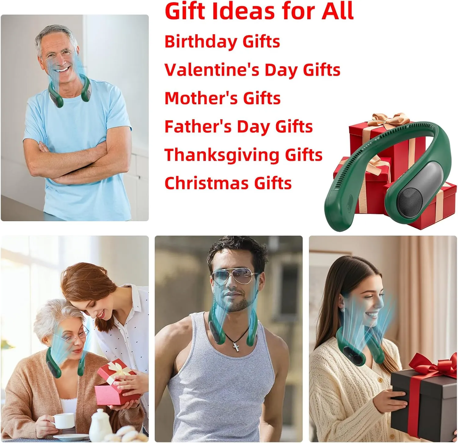 Portable Neck Fan,Personal Hands Free Bladeless Fan,360 Strong Cooling Fan,LED Display, 4-Speeds,6000mAh USB Rechargeable,Long Use Time,Wearable Fan,Gifts for Men Women Dad Mom(Dark green)
