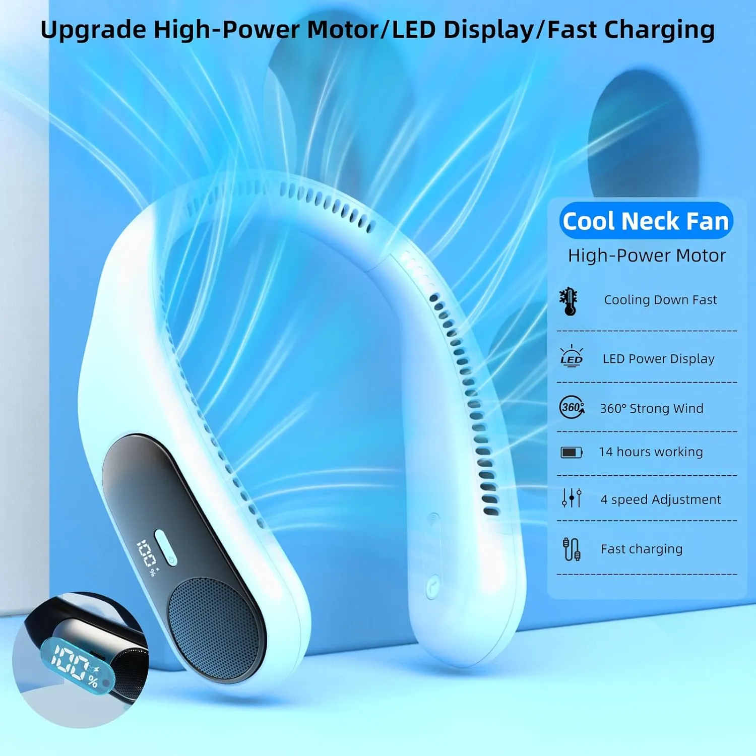 Portable Neck Fan,Personal Hands Free Bladeless Fan,360 Strong Cooling Fan,LED Display, 4-Speeds,6000mAh USB Rechargeable,Long Use Time,Wearable Fan,Gifts for Men Women Dad Mom(Light blue)