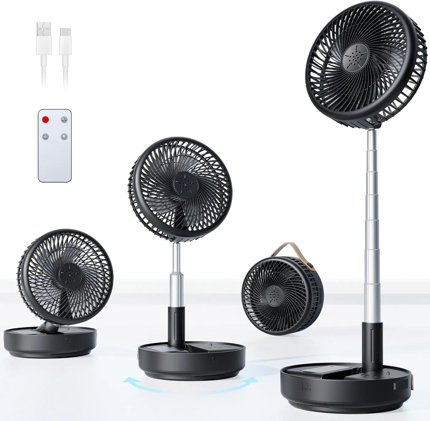 Portable Oscillating Travel Fan, 10400mAh Battery Operated Rechargeable USB Floor Table Desk Fan with Remote, 4 Speed Settings Pedestal Fan for Home Bedroom Office Camping Cruise, Black 8" Battery-powered portable fan