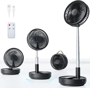 Portable Oscillating Travel Fan, 10400mAh Battery Operated Rechargeable USB Floor Table Desk Fan with Remote, 4 Speed Settings Pedestal Fan for Home Bedroom Office Camping Cruise, Black 8" Battery-powered portable fan