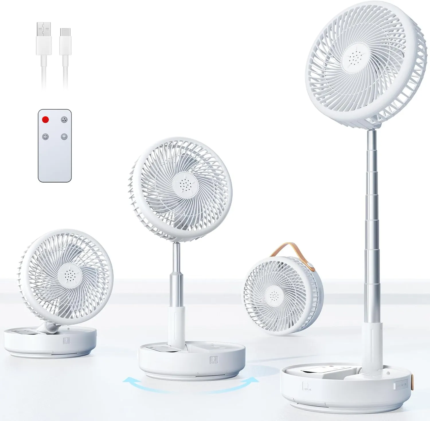 Portable Oscillating Travel Fan, 10400mAh Battery Operated Rechargeable USB Floor Table Desk Fan with Remote, 4 Speed Settings Pedestal Fan for Home Bedroom Office Camping, White,8" Battery-powered portable fan