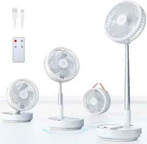 Portable Oscillating Travel Fan, 10400mAh Battery Operated Rechargeable USB Floor Table Desk Fan with Remote, 4 Speed Settings Pedestal Fan for Home Bedroom Office Camping, White,8" Battery-powered portable fan