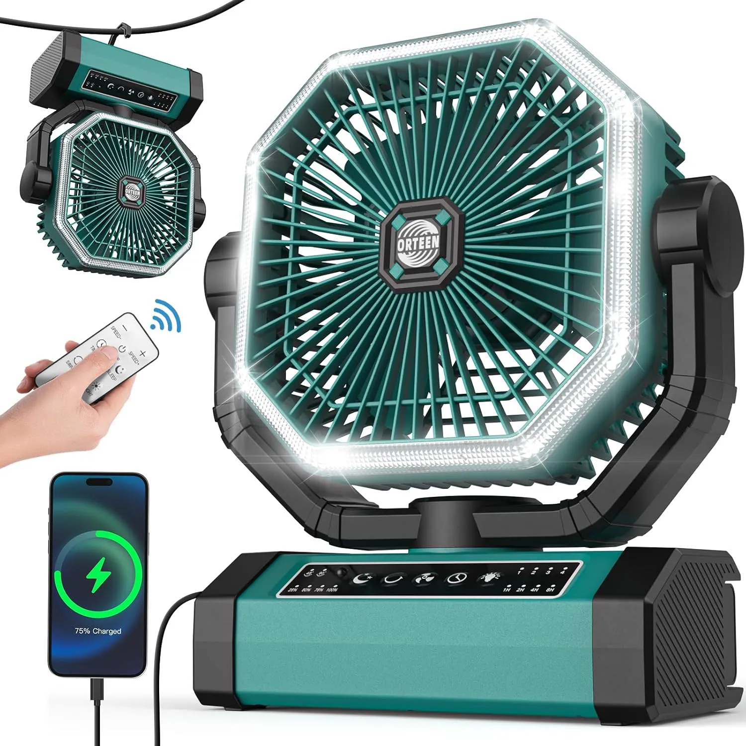 Portable Rechargeable 9-Inch Camping Fan - 10000mAh Battery, Auto Oscillation, Remote Control, 4 Speeds, 4 Timing, Outdoor Solar-powered car fan for ventilation
