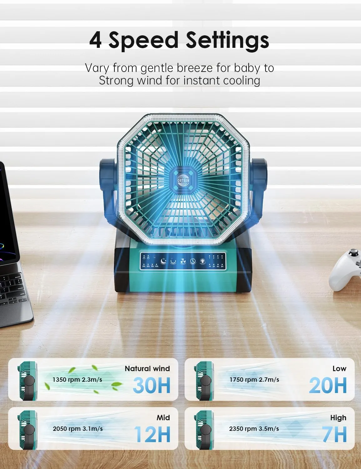Portable Rechargeable 9-Inch Camping Fan - 10000mAh Battery, Auto Oscillation, Remote Control, 4 Speeds, 4 Timing, Outdoor