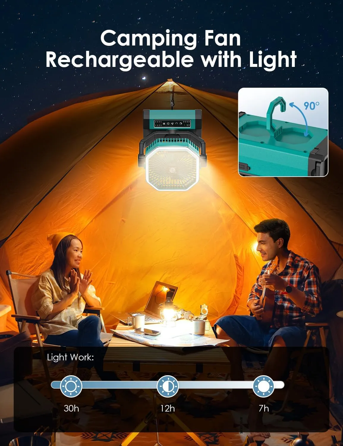 Portable Rechargeable 9-Inch Camping Fan - 10000mAh Battery, Auto Oscillation, Remote Control, 4 Speeds, 4 Timing, Outdoor