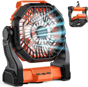 Portable Rechargeable Camping Fan, 10-Inch Battery Operated Fan, Quiet Table Fan with LED Lights, 4 Fan Speeds and 125Rotation, Rechargeable Beach fan for Travel, Fishing, Picnic, Orange Battery-powered portable fan