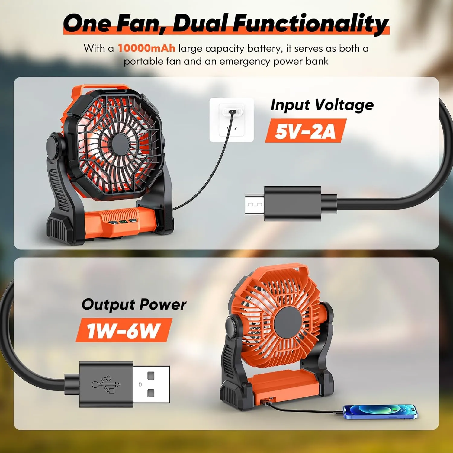 Portable Rechargeable Camping Fan, 10-Inch Battery Operated Fan, Quiet Table Fan with LED Lights, 4 Fan Speeds and 125Rotation, Rechargeable Beach fan for Travel, Fishing, Picnic, Orange