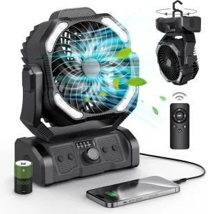 Portable Rechargeable Camping Fan - 20000mAh Cordless Battery Powered Tent Fans with LED Lantern, Remote Auto Oscillating USB C Operated Table Ventilador for Travel Picnic Barbecue Outdoor Battery-powered portable fan