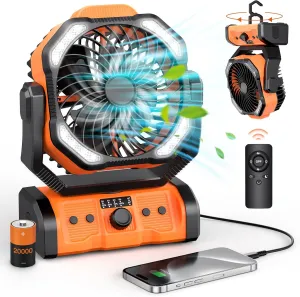 Portable Rechargeable Camping Fan - 20000mAh Cordless Battery Powered Tent Fans with LED Lantern, Remote Auto Oscillating USB C Table Operated Ventilador for Travel Outdoor Beach Battery-powered portable fan