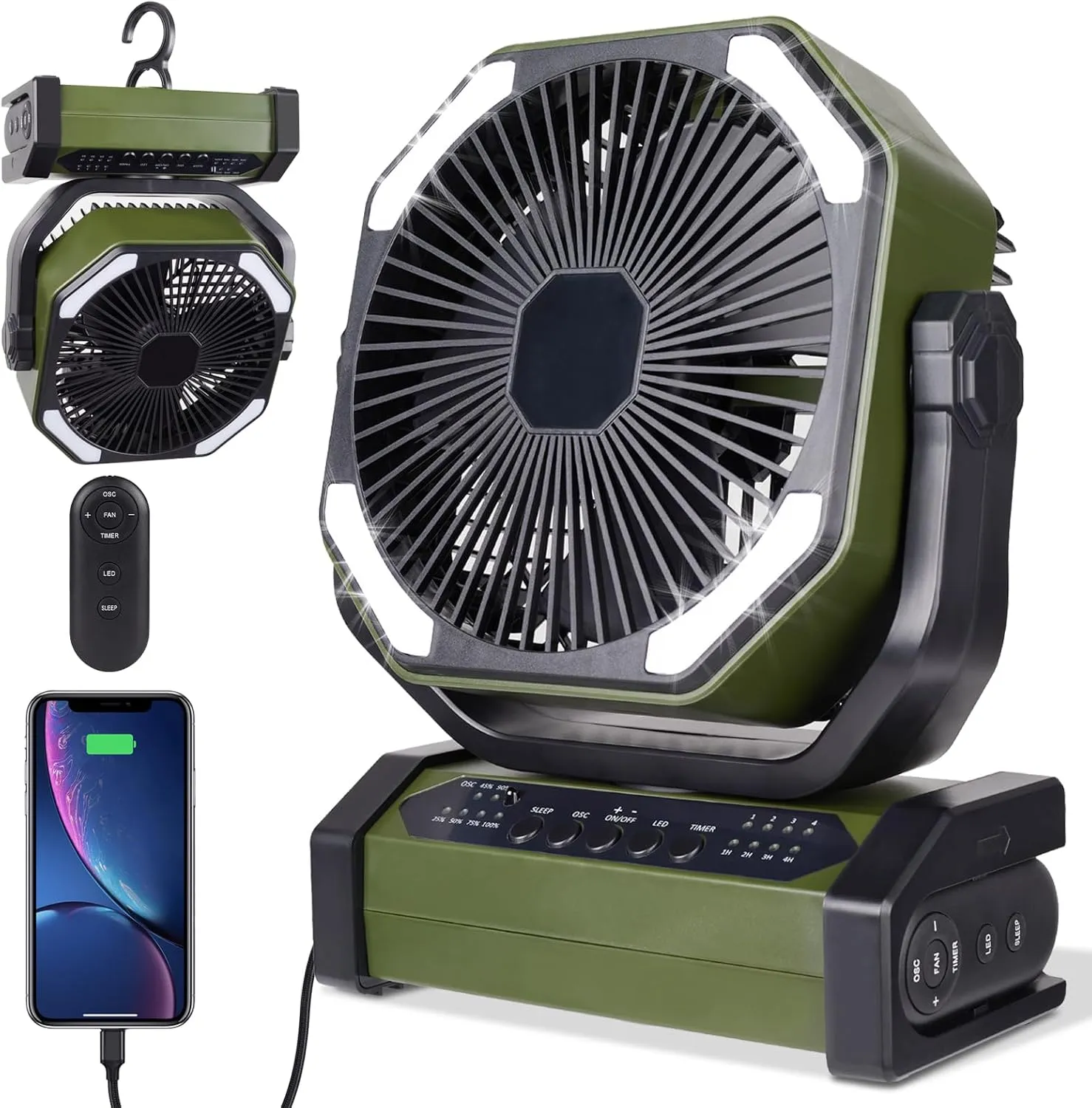Portable Rechargeable Fan - 8 Inch 10000mAh Camping Fan, Auto Oscillate & LED Light, 4-Speed, USB-C, Remote, Quiet, 360Rotatable Hook for Tent Outdoor Golf Carts Travel Home Fishing Battery-powered portable fan