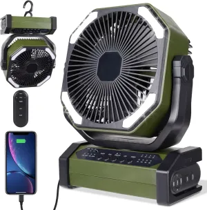 Portable Rechargeable Fan - 8 Inch 10000mAh Camping Fan, Auto Oscillate & LED Light, 4-Speed, USB-C, Remote, Quiet, 360Rotatable Hook for Tent Outdoor Golf Carts Travel Home Fishing Battery-powered portable fan