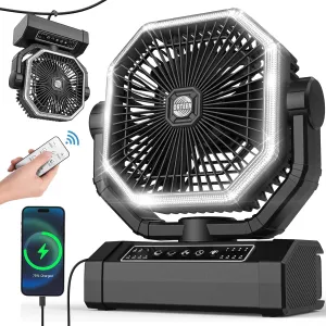 Portable Rechargeable Fan - 9-Inch Camping Fan for Tent, 10000mAh(30Hrs) Battery Operated Fan for Camping, Auto Oscillation Cordless Fan, Tent Fan with Remote/Light, 4 Speeds, 4 Timing, Outdoor Solar-powered car fan for ventilation