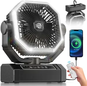 Portable Rechargeable Fan - 9-Inch Camping Fan for Tent, 20000mAh(60Hrs) Battery Operated Fan for Camping, Auto Oscillation Cordless Fan, Tent Fan with Remote/Light, 4 Speeds, 4 Timing, Outdoor Solar-powered car fan for ventilation