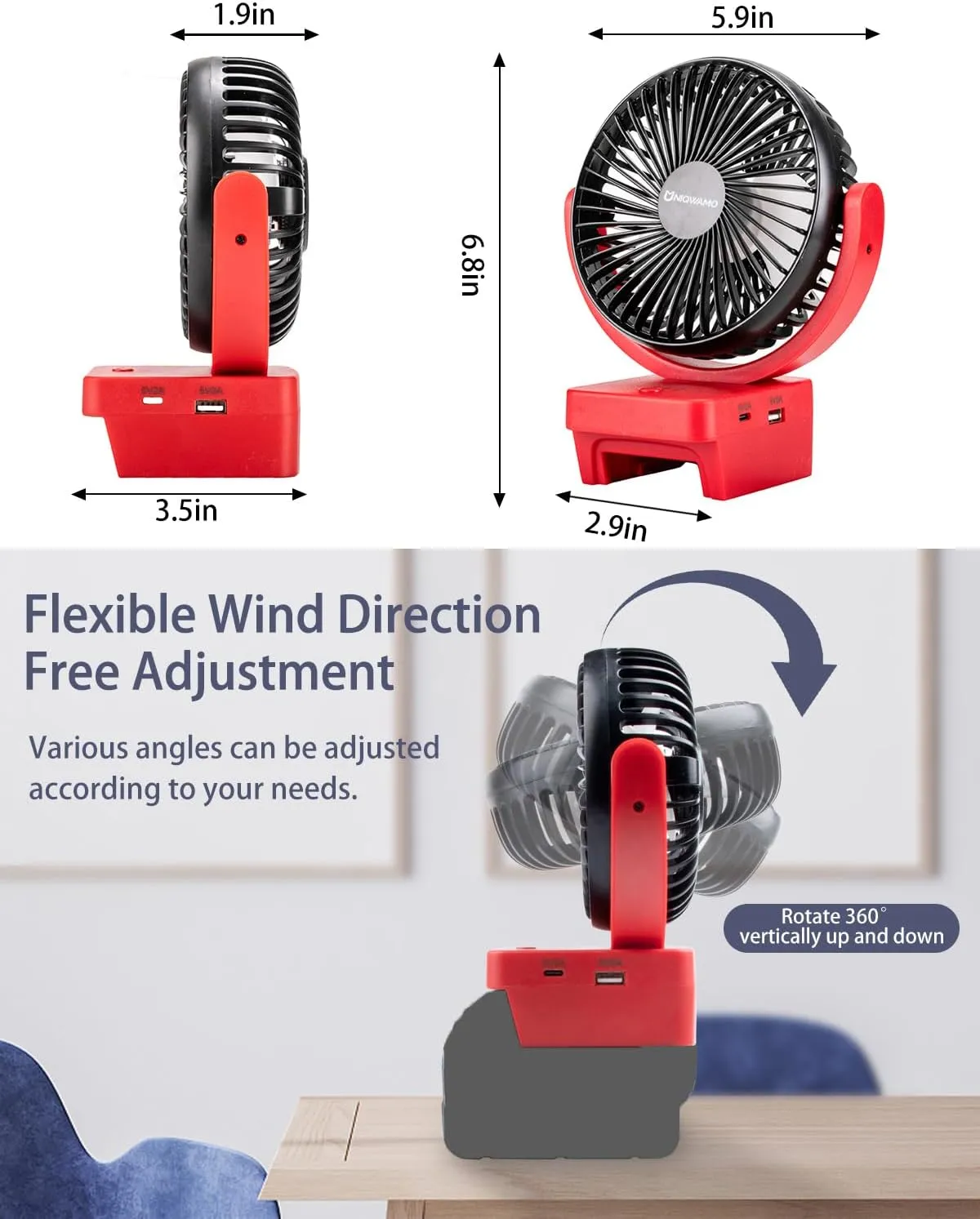 Portable Rechargeable Fan Compatible for Milwaukee 18V Battery, Jobsite Battery Operated Fan With 3 Speeds Control, USB   Type C