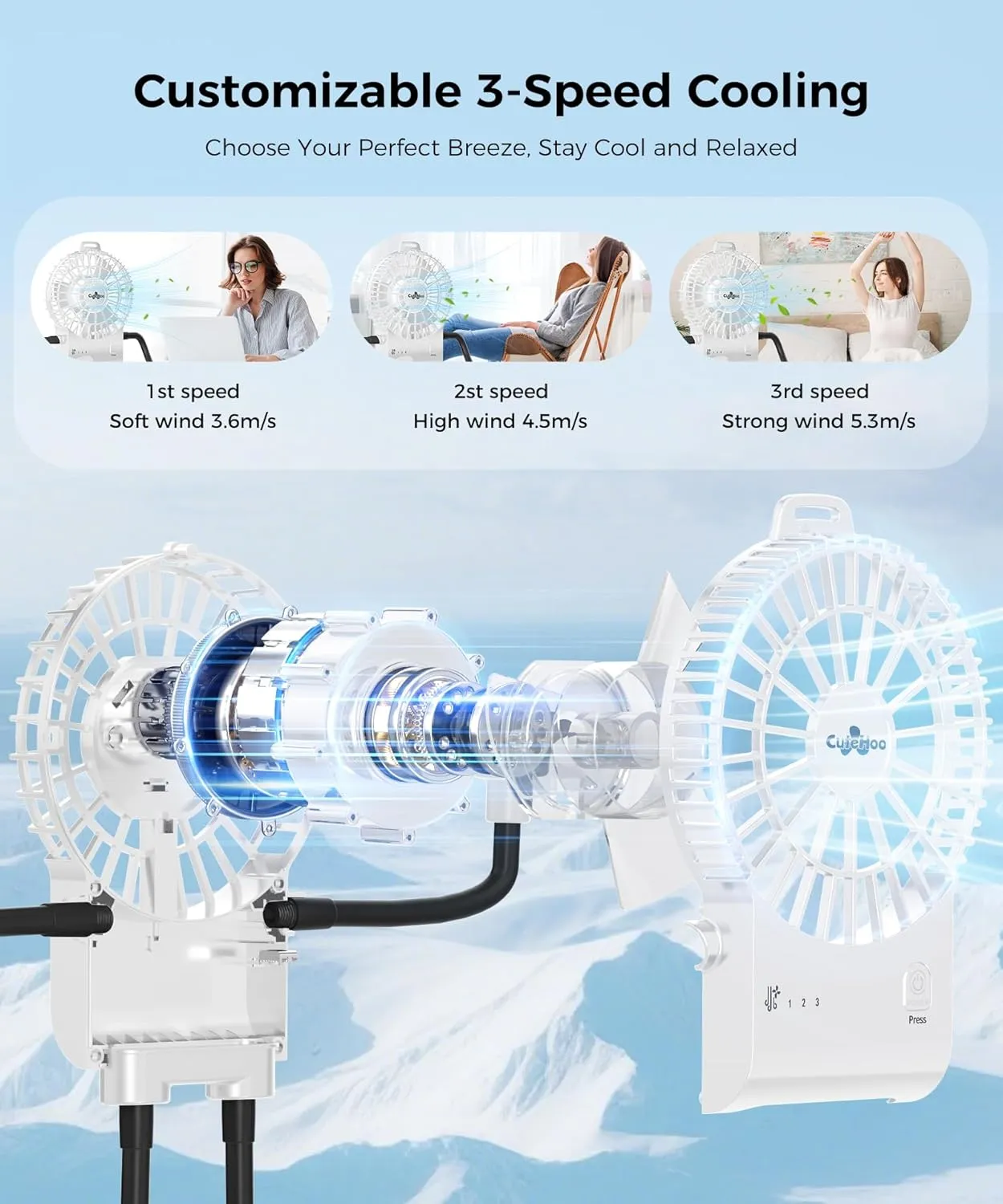 Portable Robot Fan Man, Desk Fan Rechargeable with Suckers, Small Fan for Office, Home, and the Outdoors