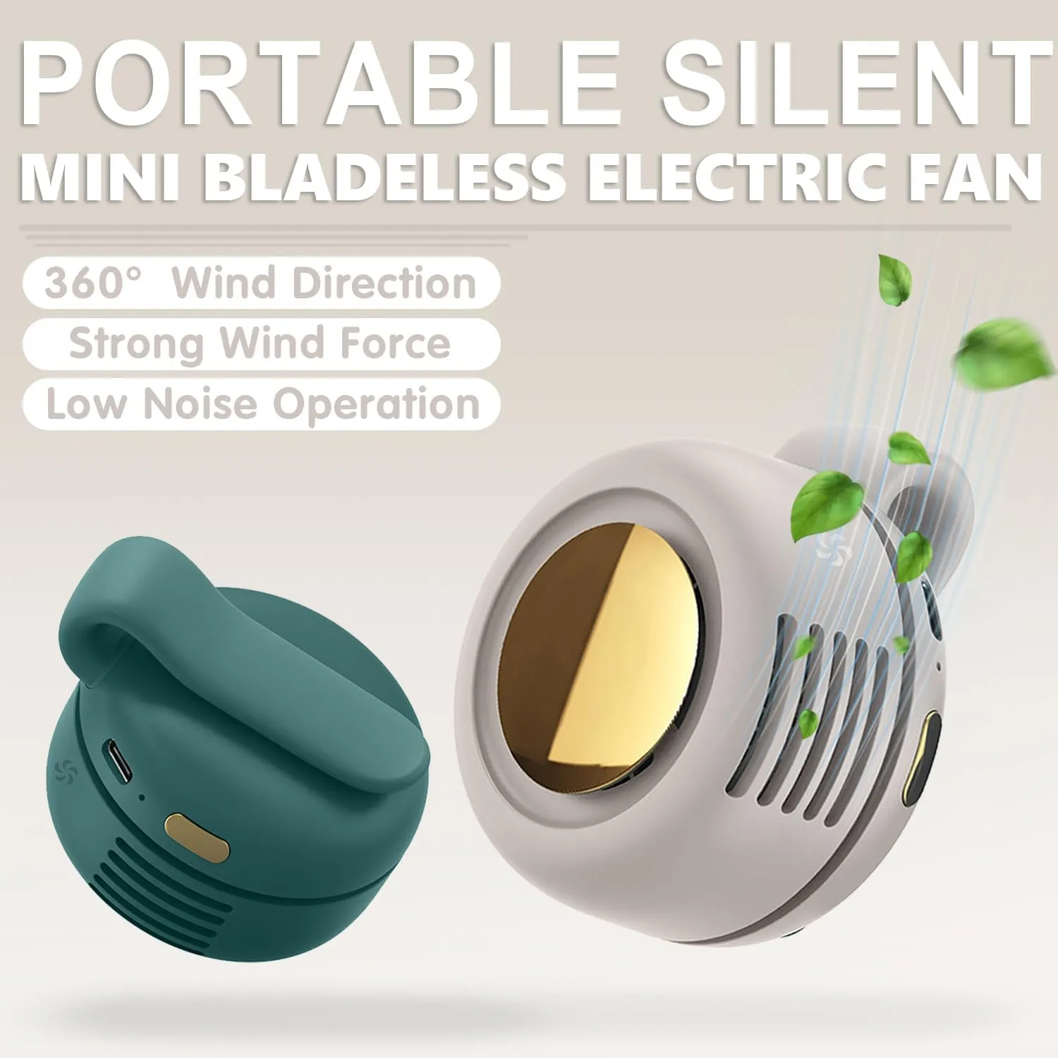 Portable Silent Mini Bladeless Electric Fan, 2025 New Mini Bladeless Fan Clip On, Adjustable 3-Speed Suspended Waist Fans, for Outdoor & Hiking & Office, Travel Accessories (Green)