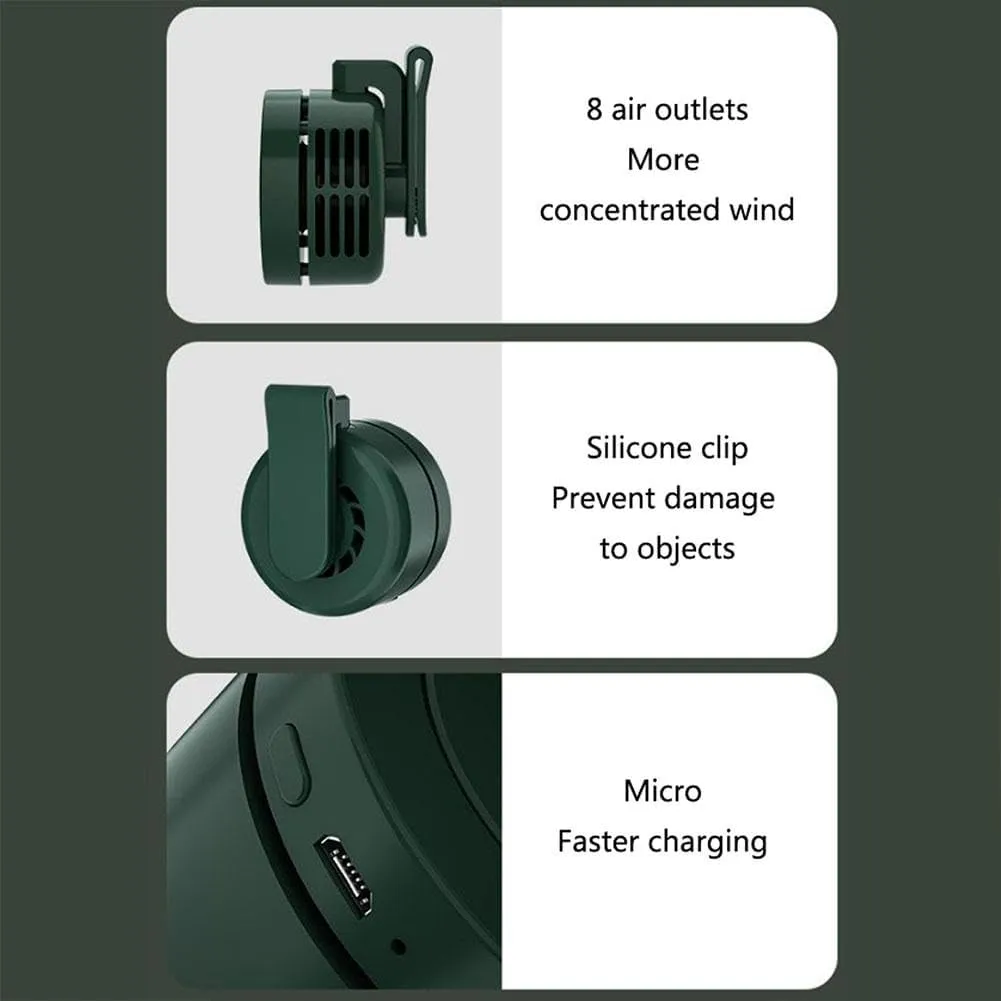 Portable Silent Mini Bladeless Electric Fan,360 Rotatable,USB Rechargeable Personal Body Fan with Adjustable 3-speed,Mini Waist Clip Fan for Outdoor Hiking Camping Travel (Green)