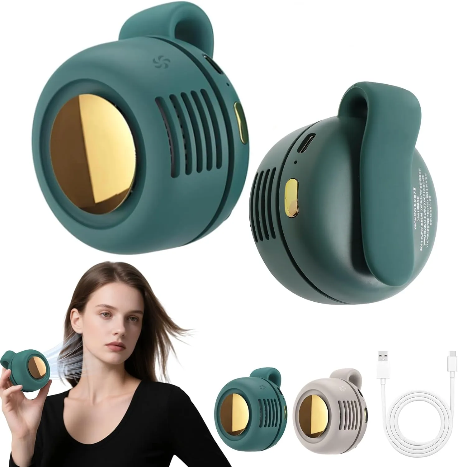 Portable Silent Mini Bladeless Fan Clip On, 2025 New Adjustable 3-Speed Suspended Waist Fans, 360 Rotatable, Suitable for Outdoor & Travel & Office,Travel Accessories (Green) Small bladeless fan for quiet cooling