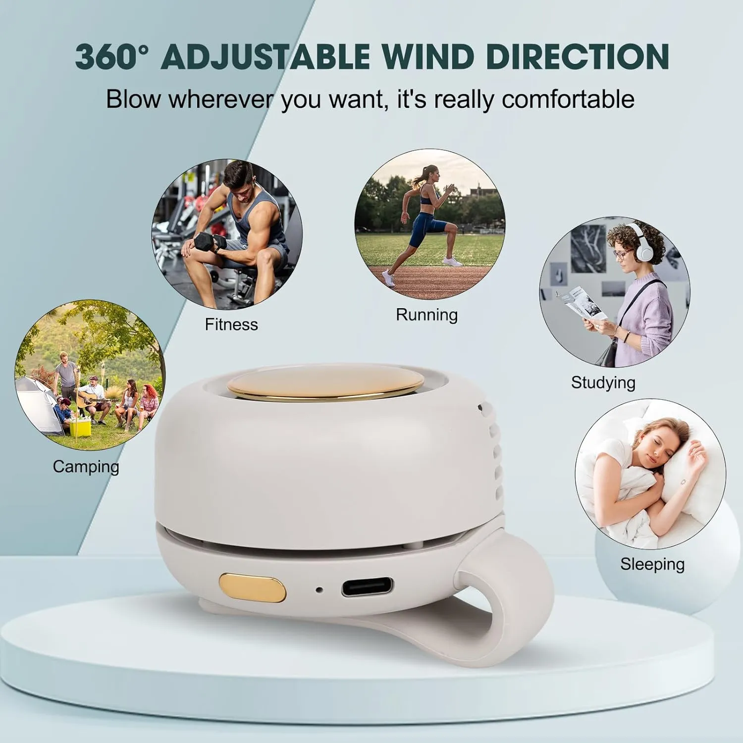 Portable Silent Mini Bladeless Fan Clip On, 2025 New Adjustable 3-Speed Suspended Waist Fans, 360 Rotatable, Suitable for Outdoor & Travel & Office,Travel Accessories (White)