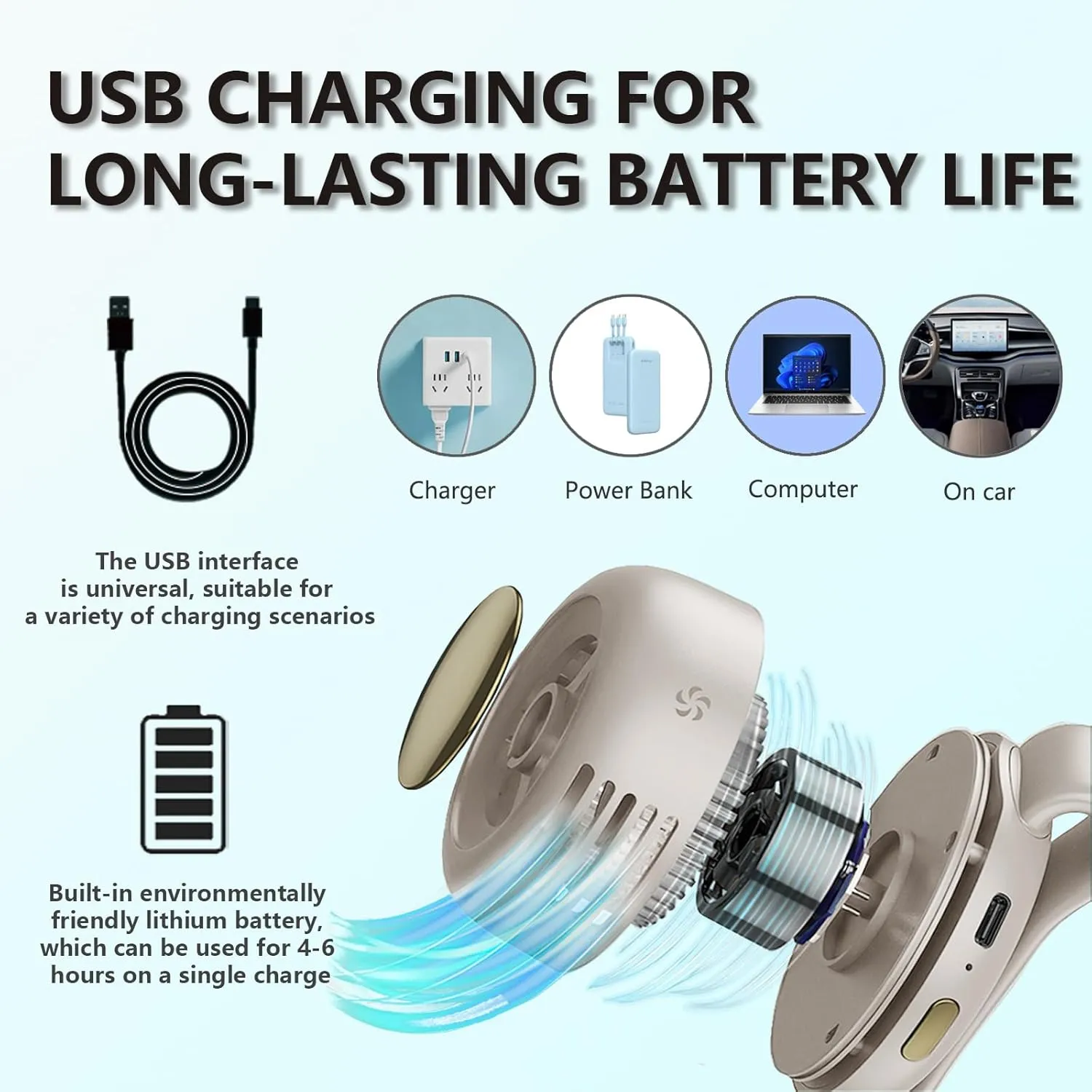 Portable Silent Mini Bladeless Fan Clip, Waist Clip, Rechargeable Hands-Free Mini with 3 Wind Speeds, Silent Wearable Personal Cooling Fan for Outdoor, Office, Home, Travel (1, White)