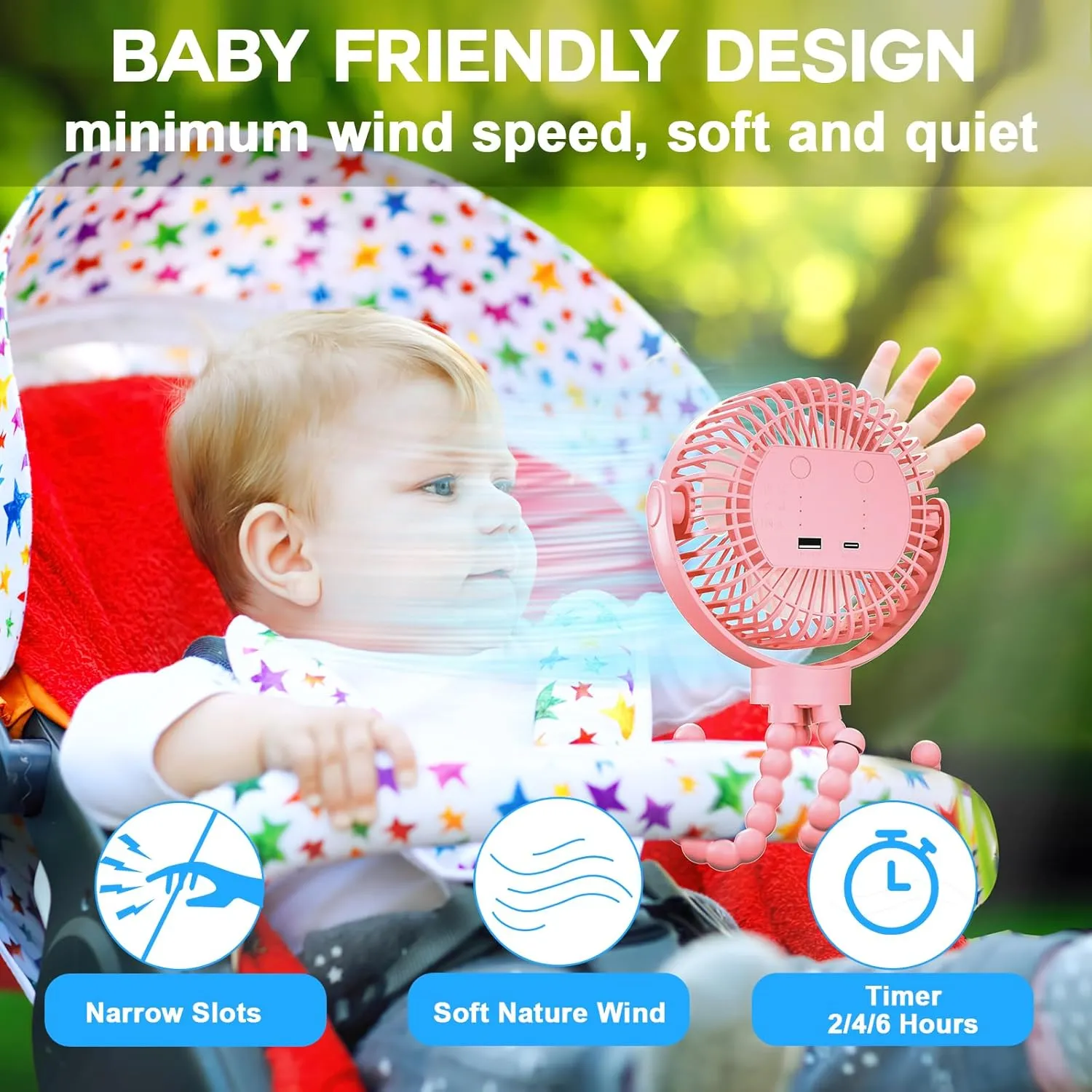 Portable Stroller Fan - 60Hrs 12000mAh Battery Operated USB Rechargeable Small Personal Fan for Bedroom, Desk, Handheld, Clip-On for Baby Stroller, Travel, Car Seat, Peloton, Bed, Camping