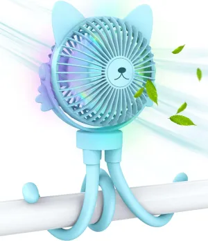 Portable Stroller Fan for Baby  Rechargeable Handheld & Clip-On USB Fan, Stroller Accessories with Night Light (Blue) Octopus-shaped decorative fan