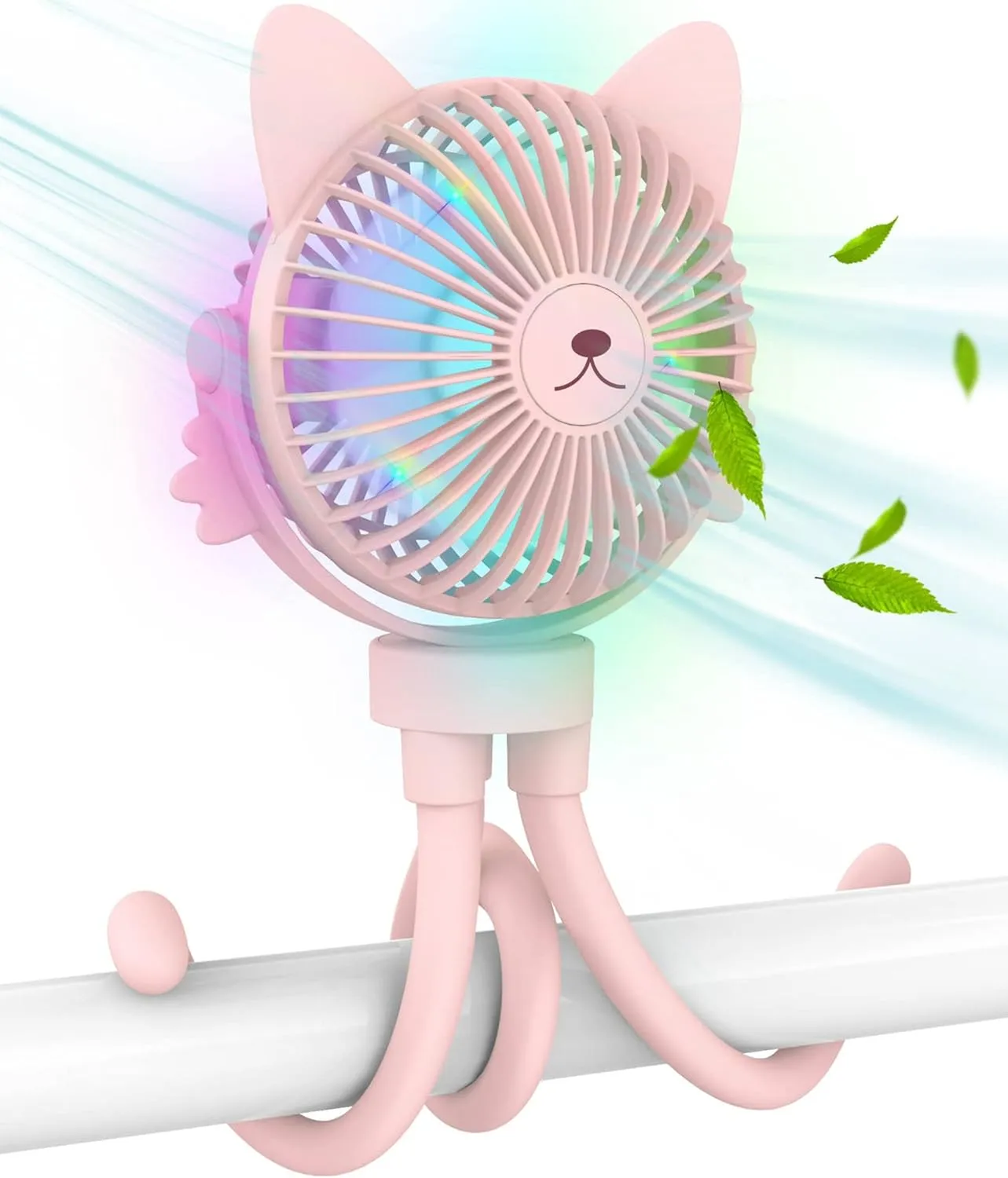 Portable Stroller Fan for Baby  Rechargeable Handheld & Clip-On USB Fan, Stroller Accessories with Night Light (Pink) Octopus-shaped decorative fan