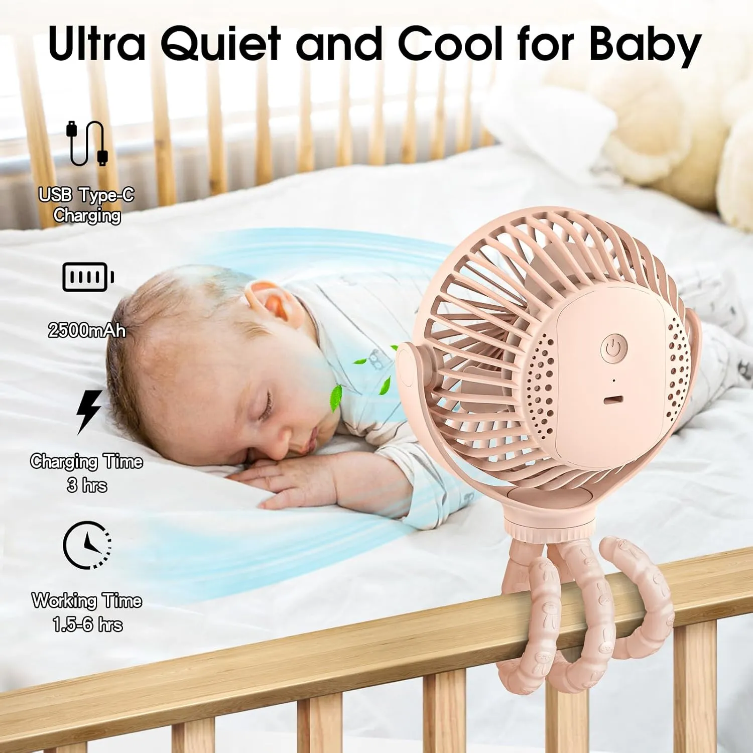 Portable Stroller Fan, Small Battery Powered Fan with Flexible Tripod Clip-on for Baby, USB Rechargeable Mini Handheld Desk Fan for Travel, Camping, Treadmill, Car Seat, Crib, Bike, Bedroom (Pink)