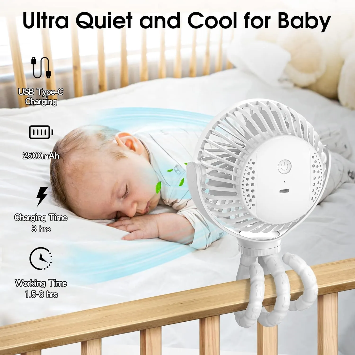 Portable Stroller Fan, Small Battery Powered Fan with Flexible Tripod Clip-on for Baby, USB Rechargeable Mini Handheld Desk Fan for Travel, Camping, Treadmill, Car Seat, Crib, Bike, Bedroom (White)