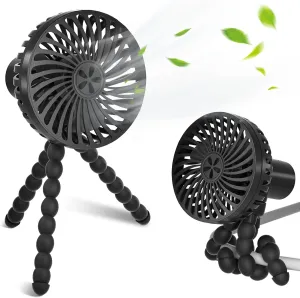 Portable Stroller Fan with 3 Speeds Portable Tripod Clip on Fan USB Battery Powered Mini Rechargeable Handheld Fans for Travel Small Crib Cooling Fans for Bed,Car Seat,Office,Outdoors,Black Octopus-shaped decorative fan
