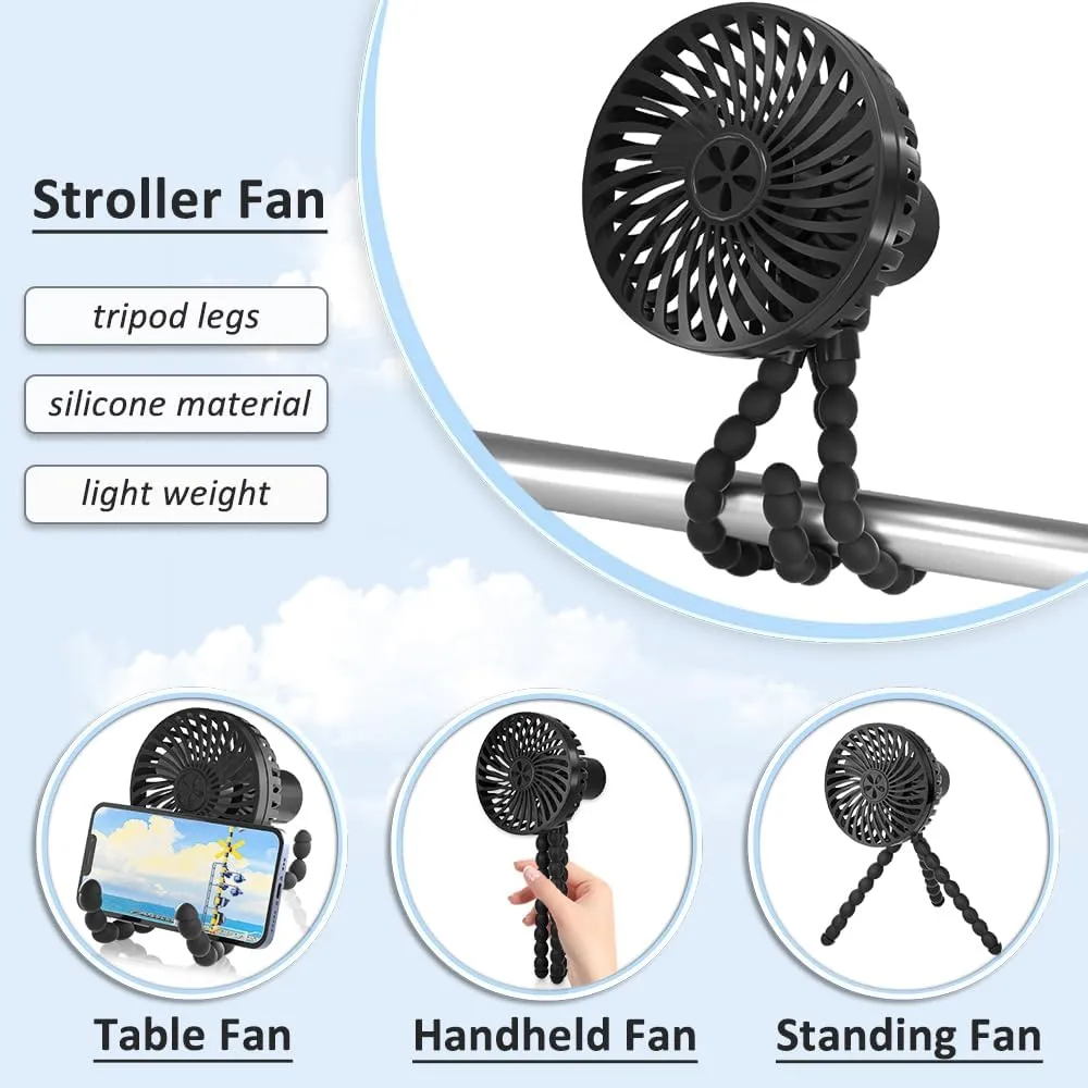 Portable Stroller Fan with 3 Speeds Portable Tripod Clip on Fan USB Battery Powered Mini Rechargeable Handheld Fans for Travel Small Crib Cooling Fans for Bed,Car Seat,Office,Outdoors,Black