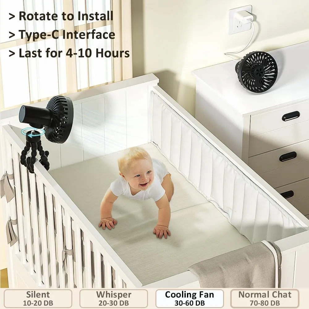 Portable Stroller Fan with 3 Speeds Portable Tripod Clip on Fan USB Battery Powered Mini Rechargeable Handheld Fans for Travel Small Crib Cooling Fans for Bed,Car Seat,Office,Outdoors,Black
