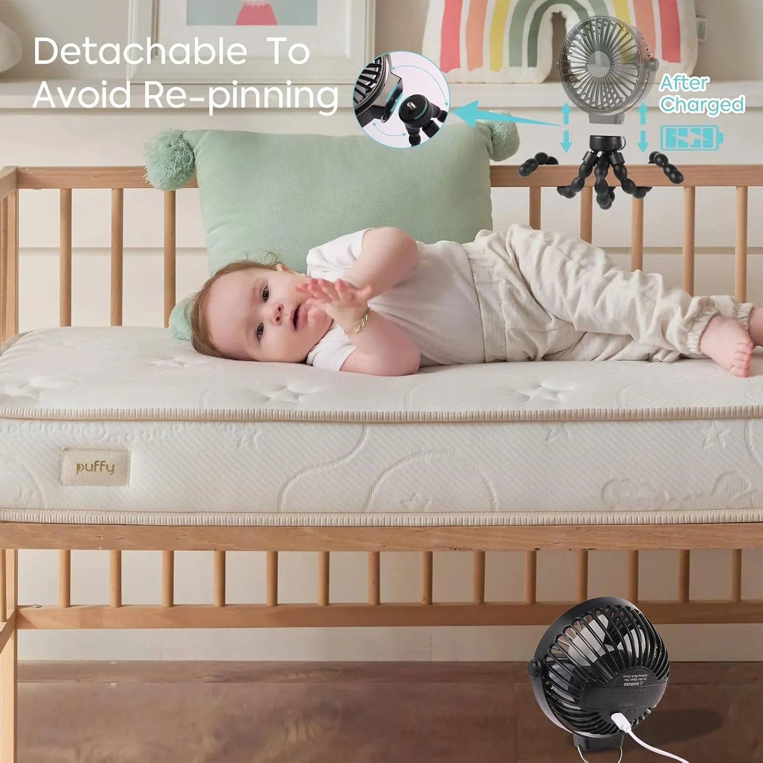 Portable Stroller Fan With Flexible Tripod, 5200mAh Battery, 3 Speeds, USB Rechargeable, for Stroller, Car Seats, Cribs and More