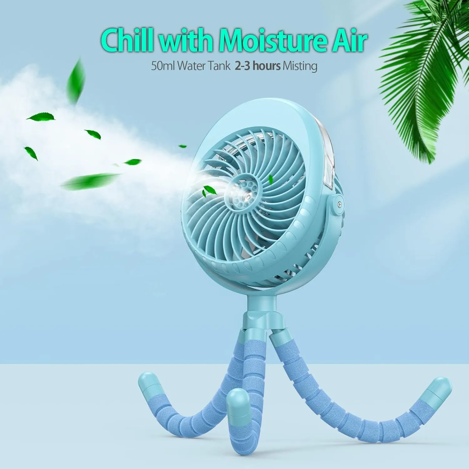Portable Stroller Fan with Mist, Rechargeable Misting Fan with Flexible Tripods, 360 Pivot Personal Mister for Cooling Outdoor Travel Beach Umbrella Wagon Crib Treadmill Car