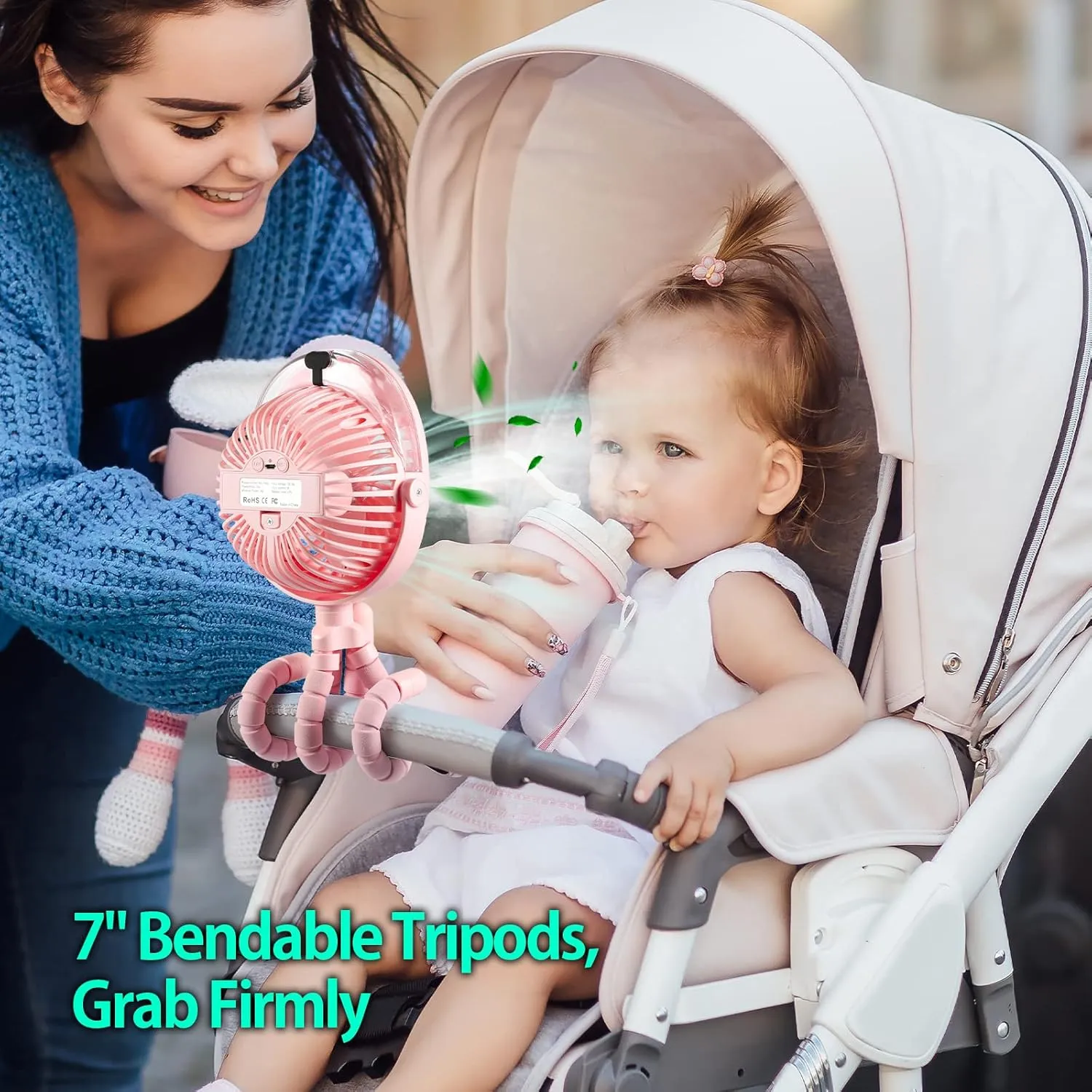 Portable Stroller Fan with Mist, Rechargeable Misting Fan with Flexible Tripods, 360 Pivot Personal Mister for Cooling Outdoor Travel Beach Umbrella Wagon Crib Treadmill Car