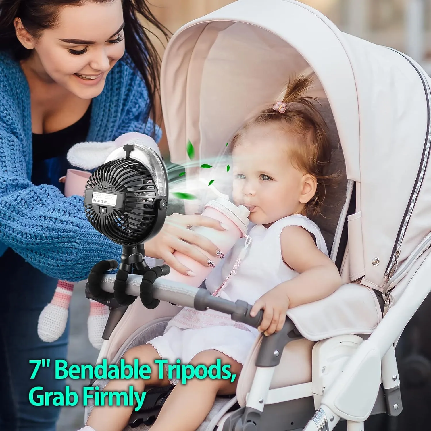 Portable Stroller Fan with Mist, Rechargeable Misting Fan with Flexible Tripods, 360 Pivot Personal Mister for Cooling Outdoor Travel Beach Umbrella Wagon Crib Treadmill Car
