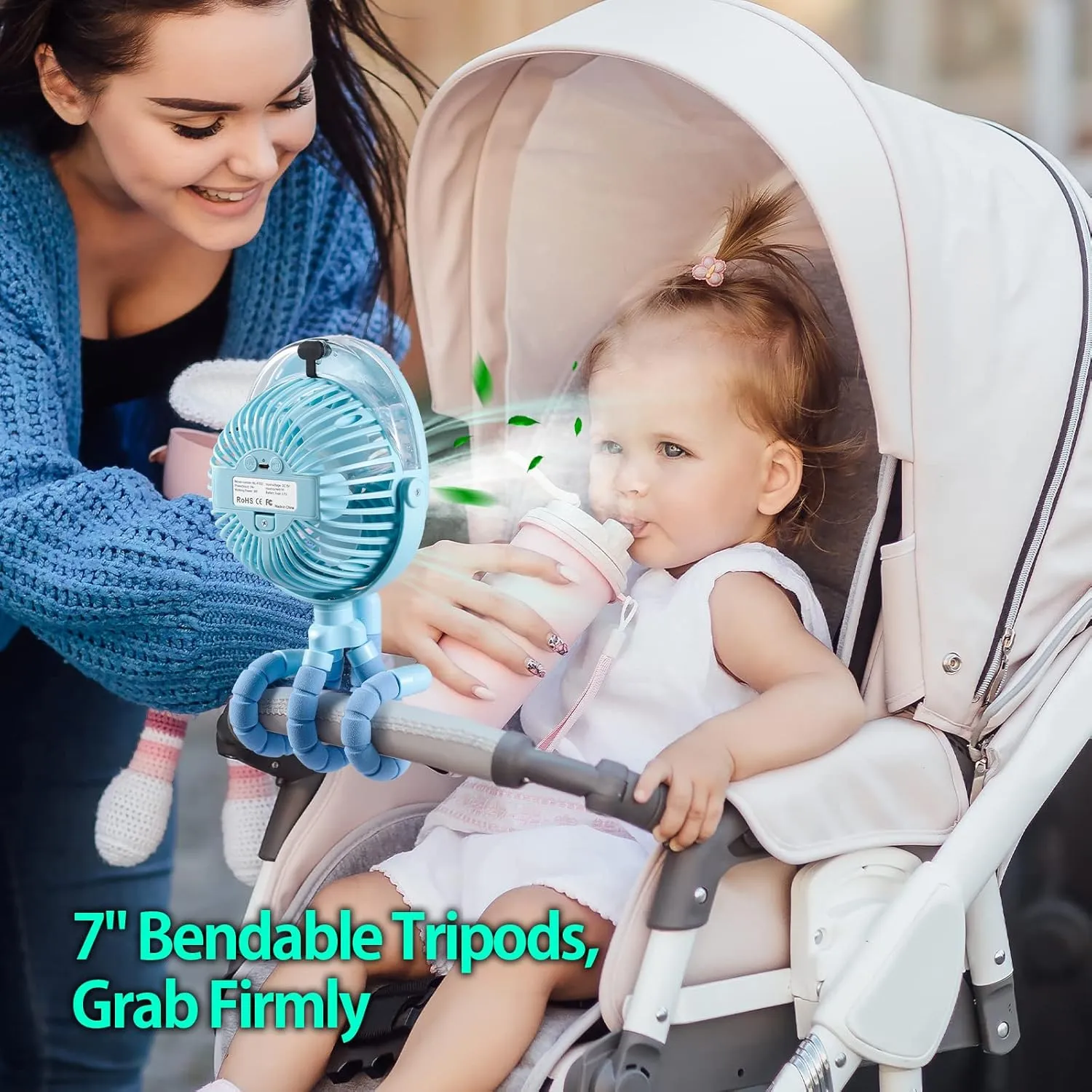 Portable Stroller Fan with Mist, Rechargeable Misting Fan with Flexible Tripods, 360 Pivot Personal Mister for Cooling Outdoor Travel Beach Umbrella Wagon Crib Treadmill Car