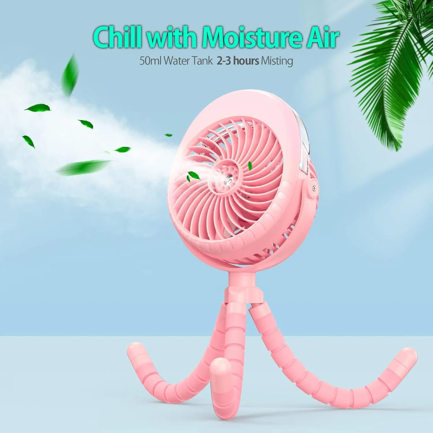 Portable Stroller Fan with Mist, Rechargeable Misting Fan with Flexible Tripods, 360 Pivot Personal Mister for Cooling Outdoor Travel Beach Umbrella Wagon Crib Treadmill Car