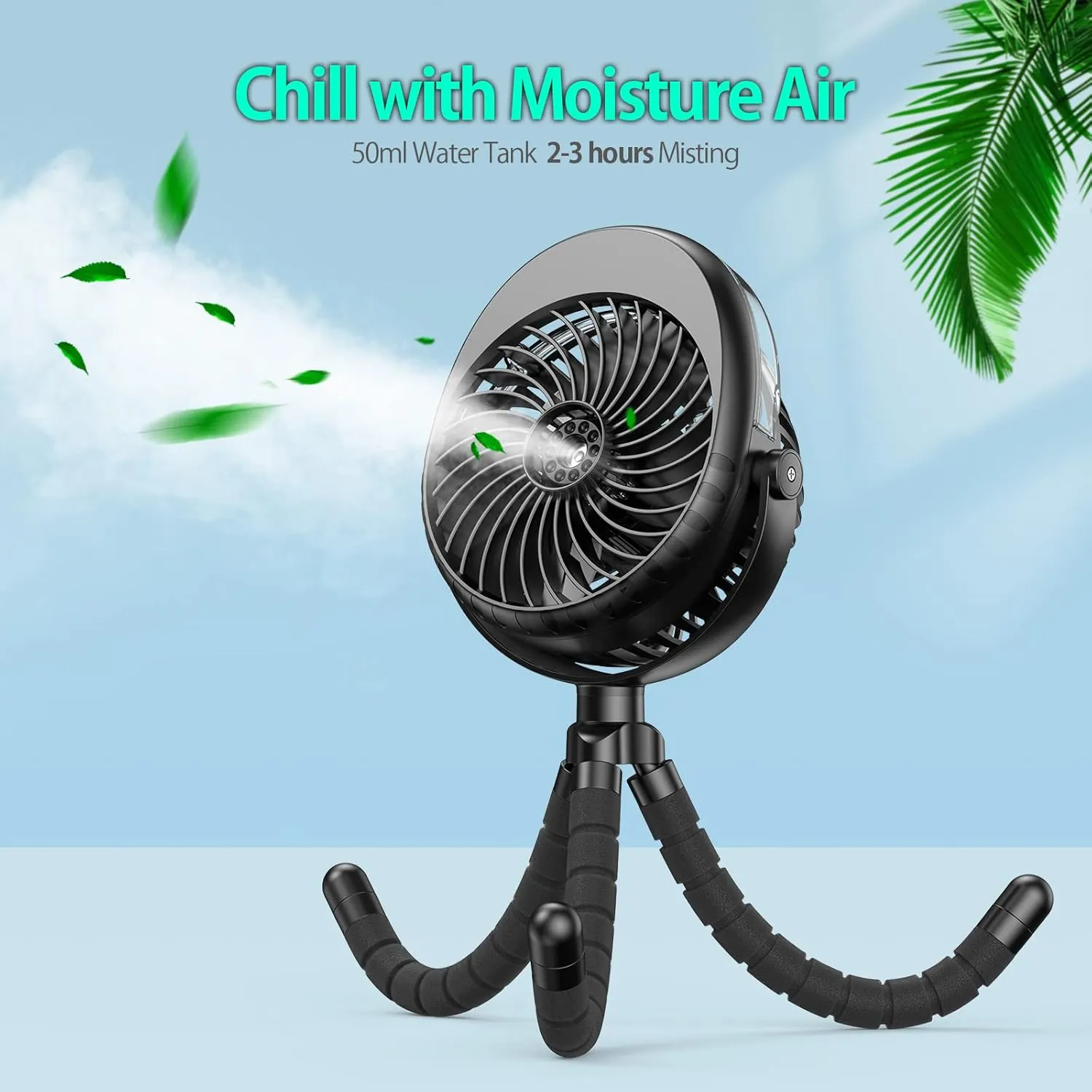 Portable Stroller Fan with Mist, Rechargeable Misting Fan with Flexible Tripods, 360 Pivot Personal Mister for Cooling Outdoor Travel Beach Umbrella Wagon Crib Treadmill Car