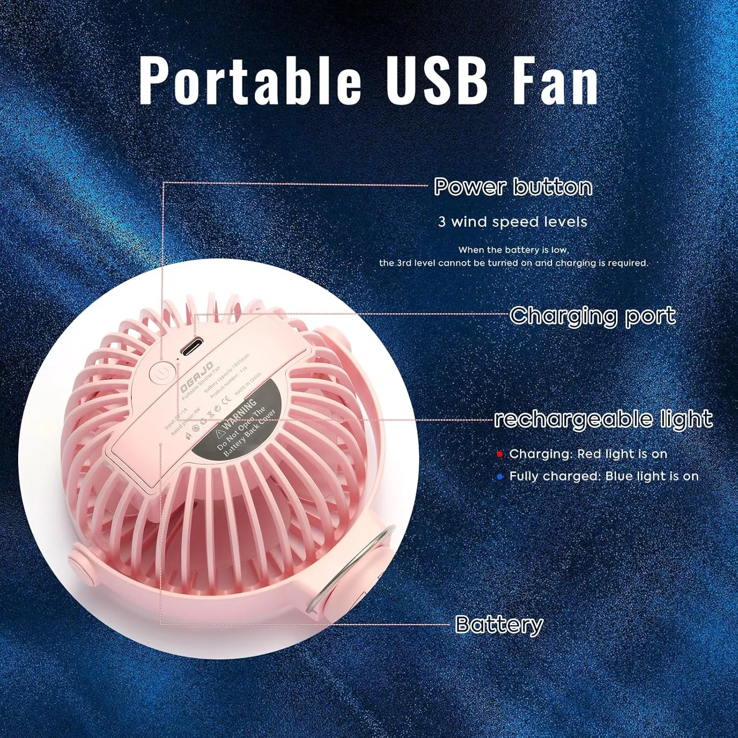 Portable Stroller Fan,With Flexible Tripod and 3 Speeds Clip On Car Seat Fan Mini Small Personal Handheld Battery Powered USB Fan, for Pram Crib Bike Treadmill Camping and Student Bed Desk