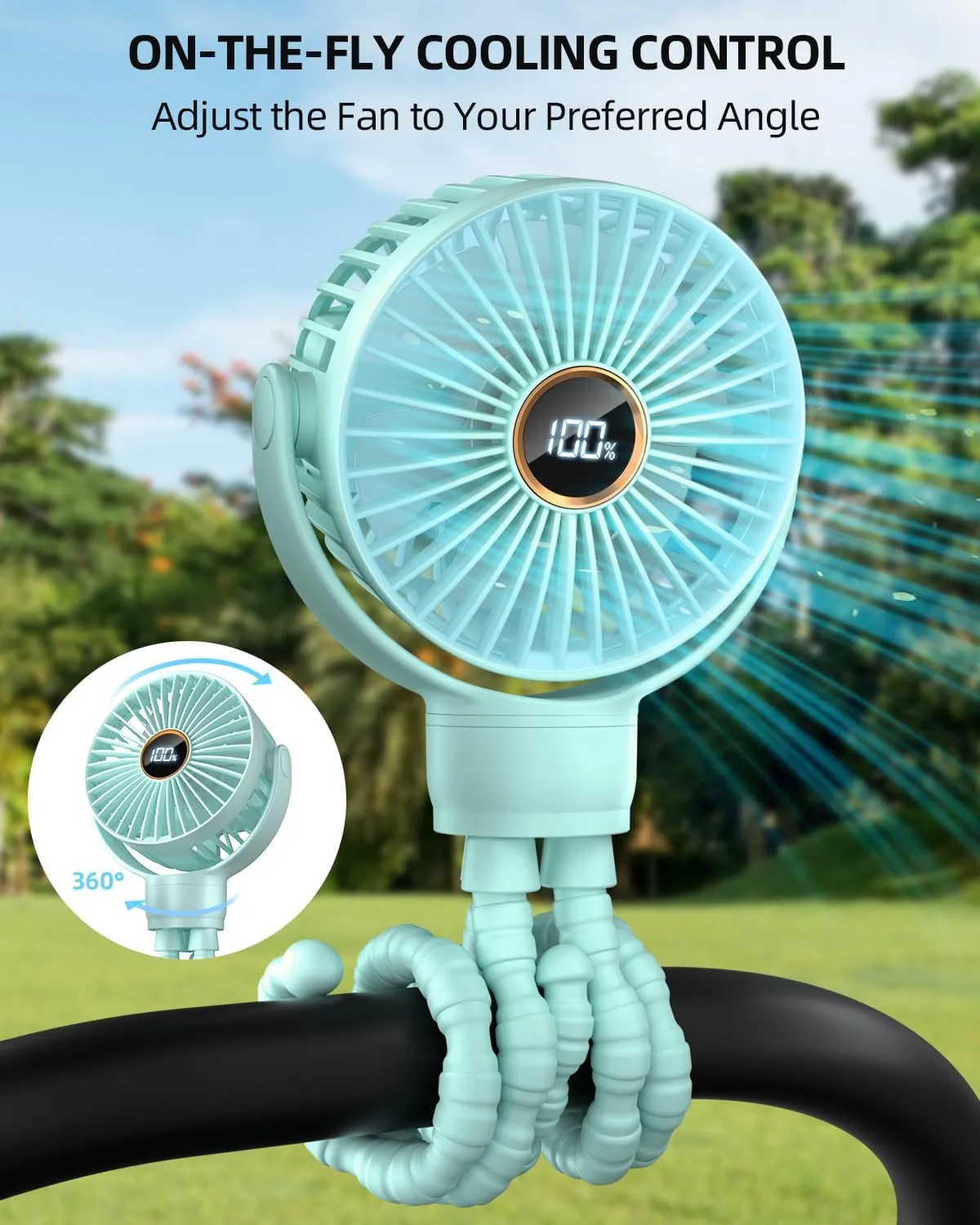 Portable Stroller Mini Fan, Small Rechargeable Personal Cooler w/ 360 Rotation, 3-Speed, Display, Battery Powered Stroller Accessories, Baby Essentials for Car Seat, Crib, Bike, Treadmill, Aqua