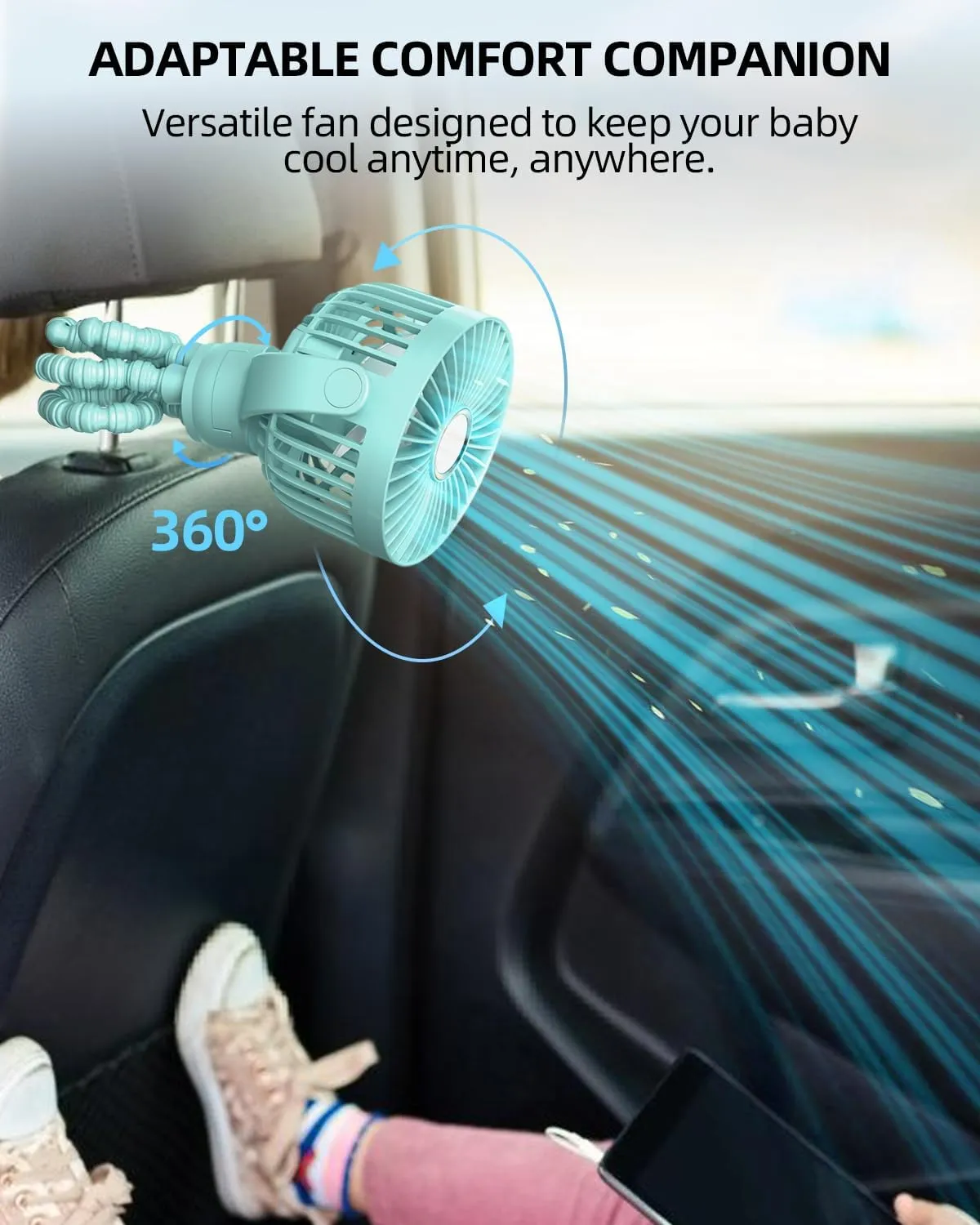 Portable Stroller Mini Fan, Small Rechargeable Personal Cooler w/ 360 Rotation, 3-Speed, Display, Battery Powered Stroller Accessories, Baby Essentials for Car Seat, Crib, Bike, Treadmill, Aqua