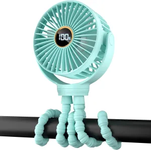Portable Stroller Mini Fan, Small Rechargeable Personal Cooler w/ 360 Rotation, 3-Speed, Display, Battery Powered Stroller Accessories, Baby Essentials for Car Seat, Crib, Bike, Treadmill, Aqua Mini handheld fan for personal cooling