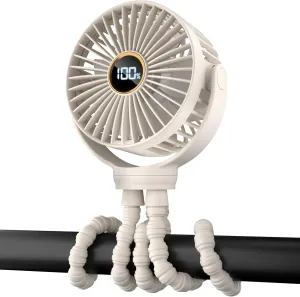 Portable Stroller Mini Fan, Small Rechargeable Personal Cooler w/ 360 Rotation, 3-Speed, Display, Battery Powered Stroller Accessories, Baby Essentials for Car Seat, Crib, Bike, Treadmill, Beige Mini handheld fan for personal cooling