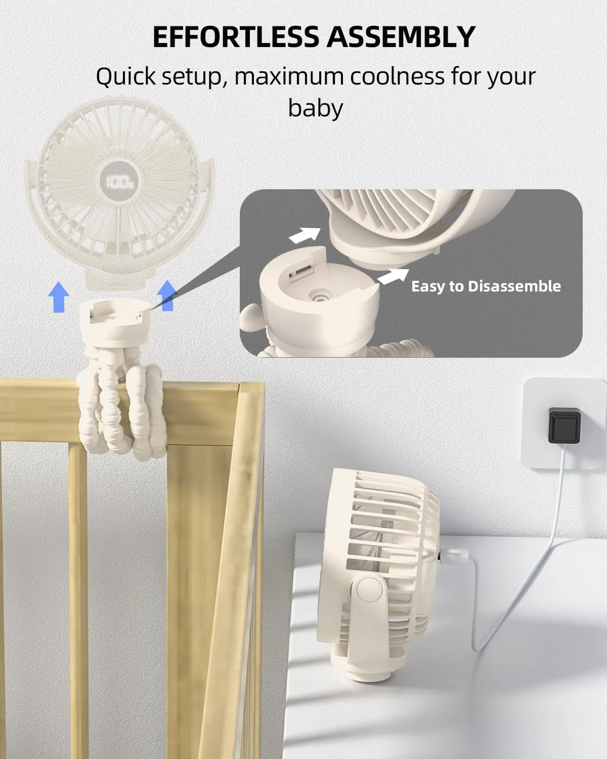Portable Stroller Mini Fan, Small Rechargeable Personal Cooler w/ 360 Rotation, 3-Speed, Display, Battery Powered Stroller Accessories, Baby Essentials for Car Seat, Crib, Bike, Treadmill, Beige