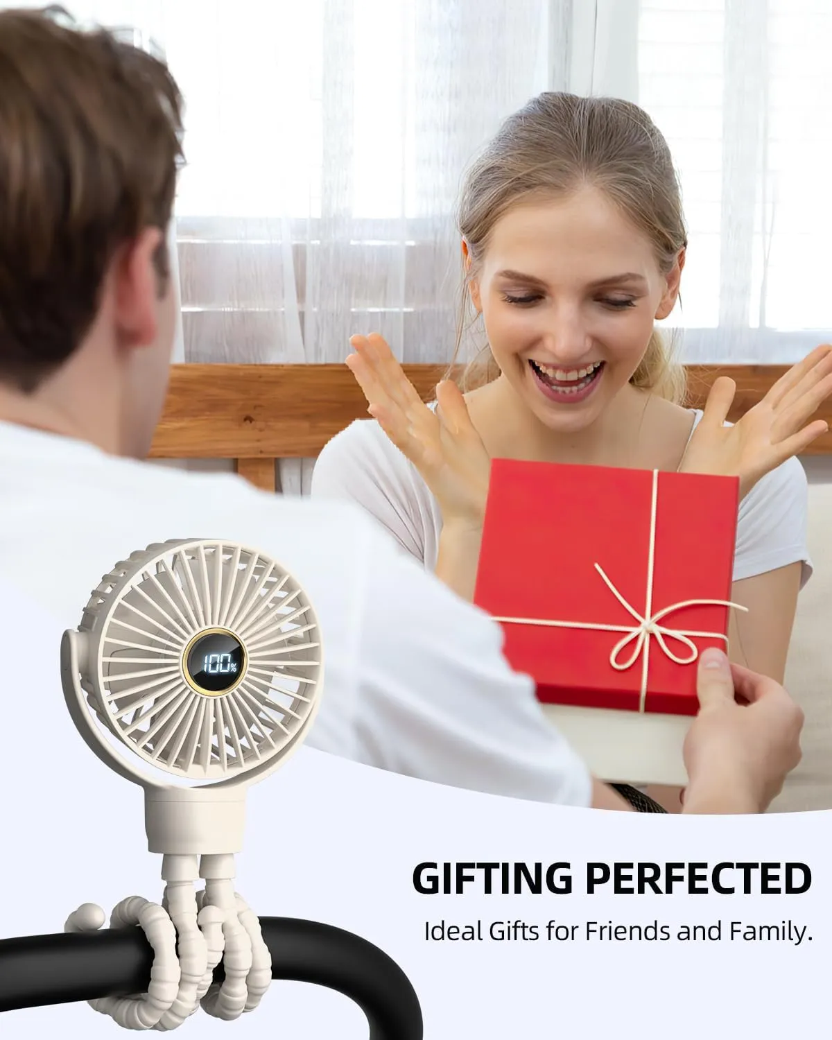 Portable Stroller Mini Fan, Small Rechargeable Personal Cooler w/ 360 Rotation, 3-Speed, Display, Battery Powered Stroller Accessories, Baby Essentials for Car Seat, Crib, Bike, Treadmill, Beige